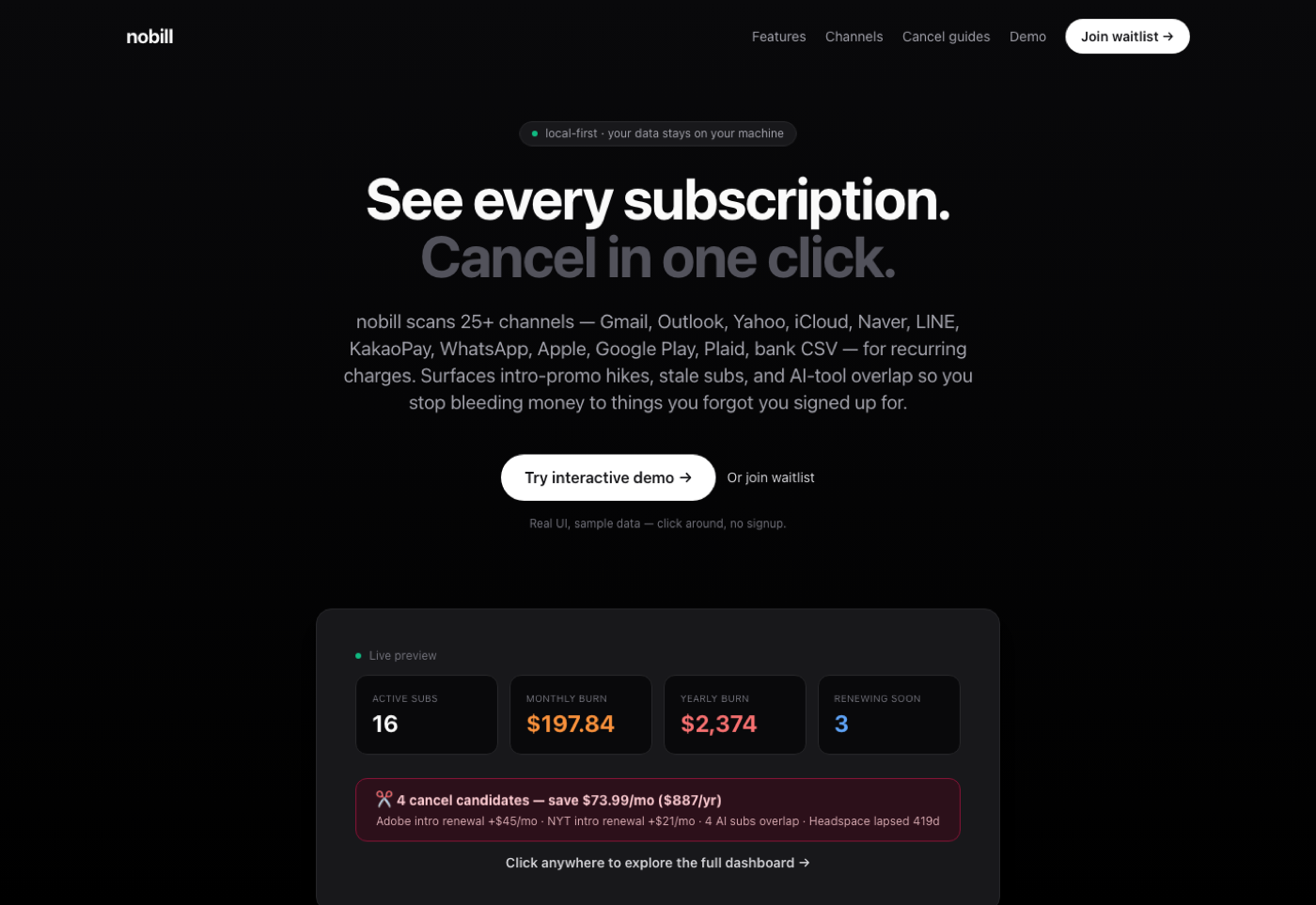 nobill landing page — local-first subscription tracker
